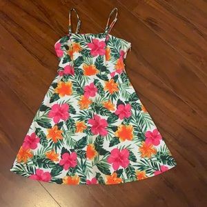 White Forever 21 dress with green leaves, pink and orange flowers. 5/6 girls